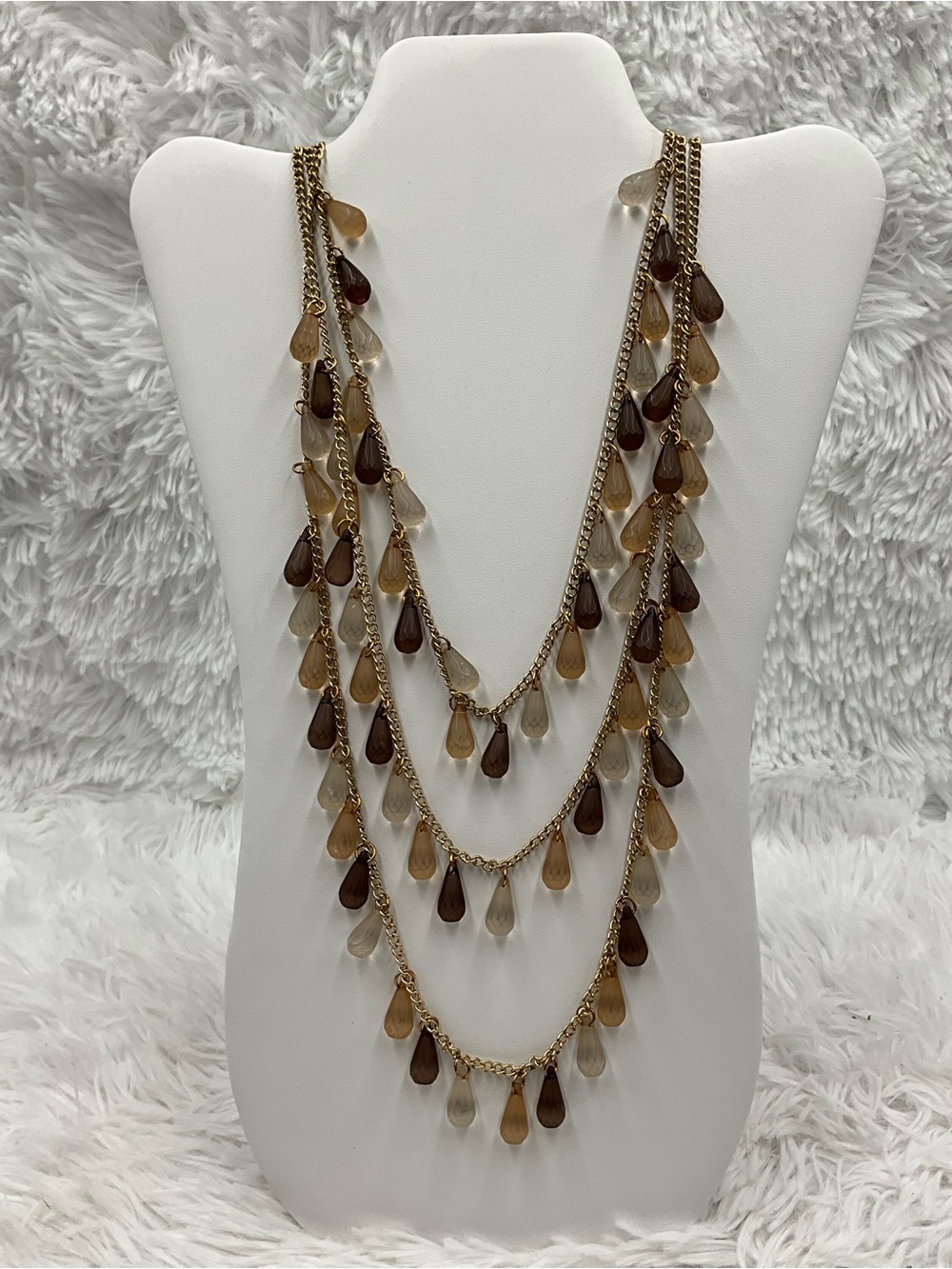 Charming Charlie Multi-Strand Teardrop Gold Tone Necklace Brown Amber Tones